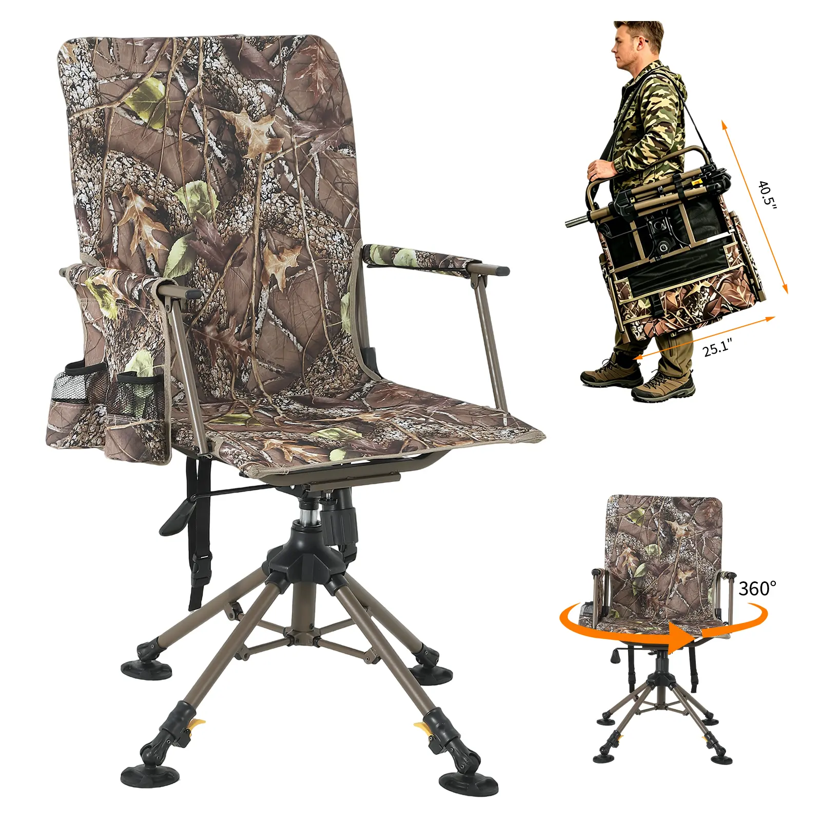 Gaomon 360° Silent Swivel Folding Outdoor Activities Chair Stool - Adjustable Height, Heavy-Duty Steel Frame, 330 lb Capacity - Portable Deer Blind/Photography/Fishing Seat - Leaf Camouflage