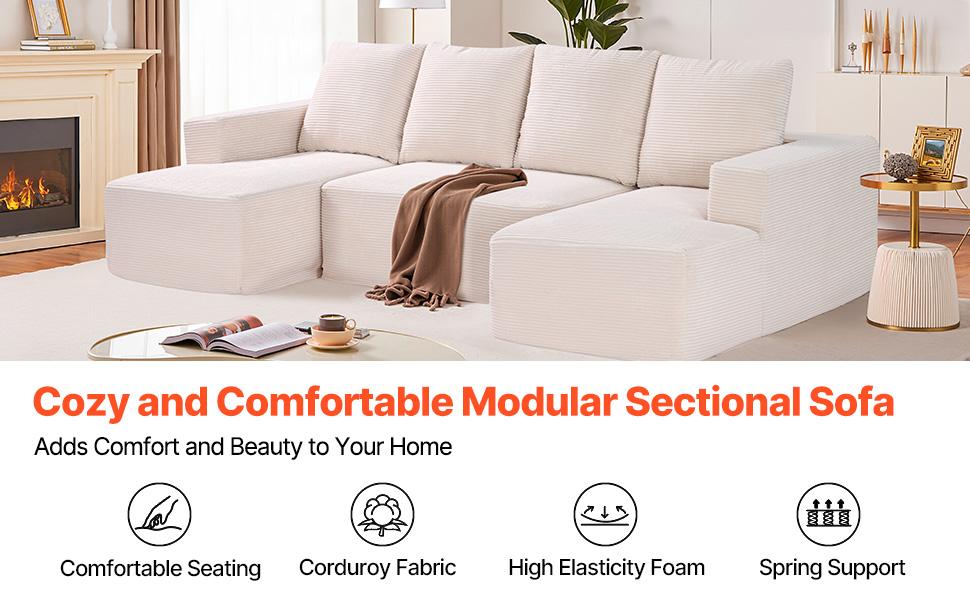 fathersdaygift VEVOR Modular Sectional Sofa, U Shaped Modular Sofa with Chaise, Cloud Sectional Couch with High Rebound Sponge and Density, Upholstered Corduroy Couch with Cushion for Living Room, Bedroom, Beige