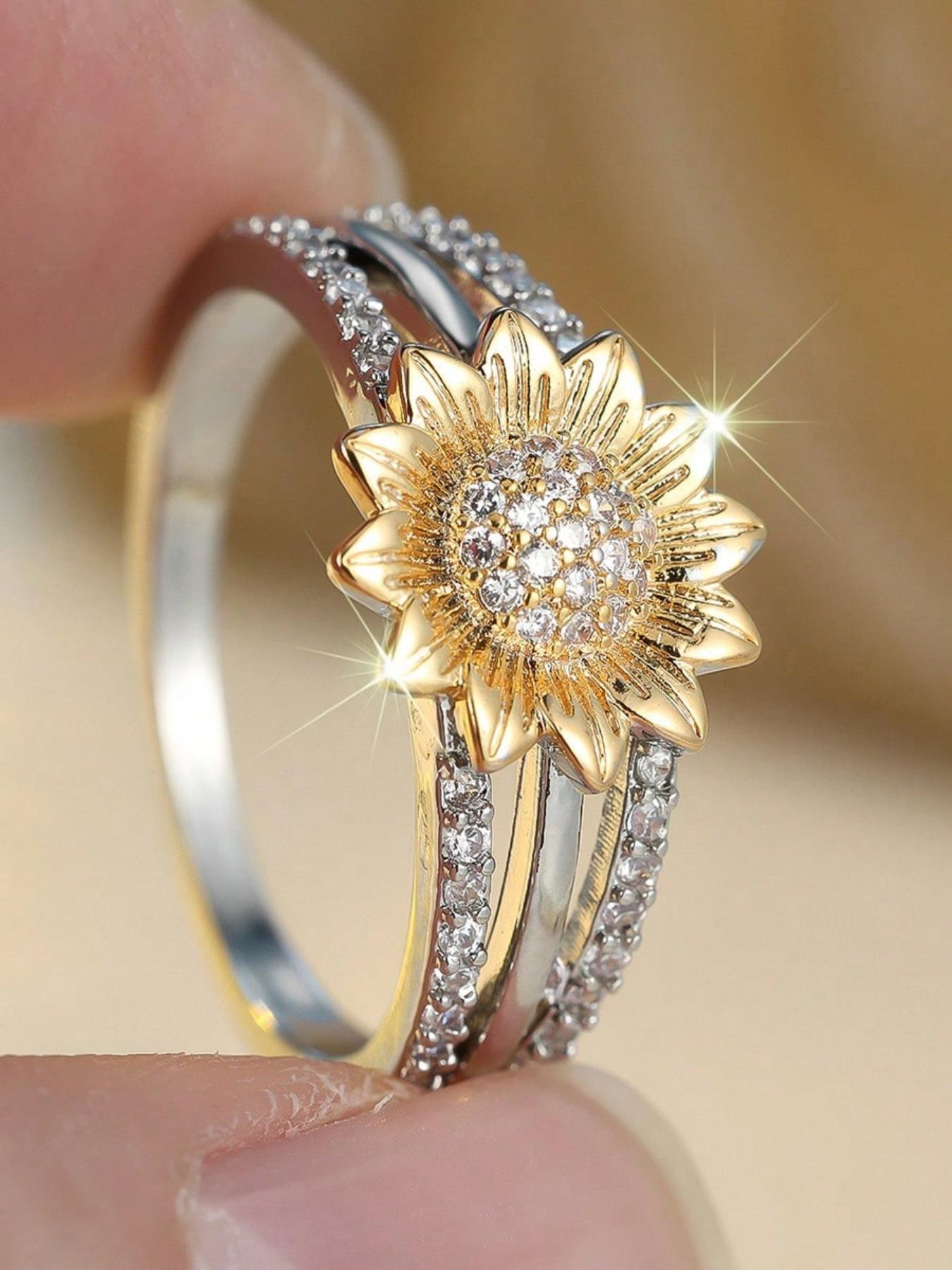 Elegant Sunflower Flower Ring for Women, Beautiful Rings, Fashion Copper Zircon Jewelry, Perfect Gift for Parties and Anniversaries, Stylish Floral Design