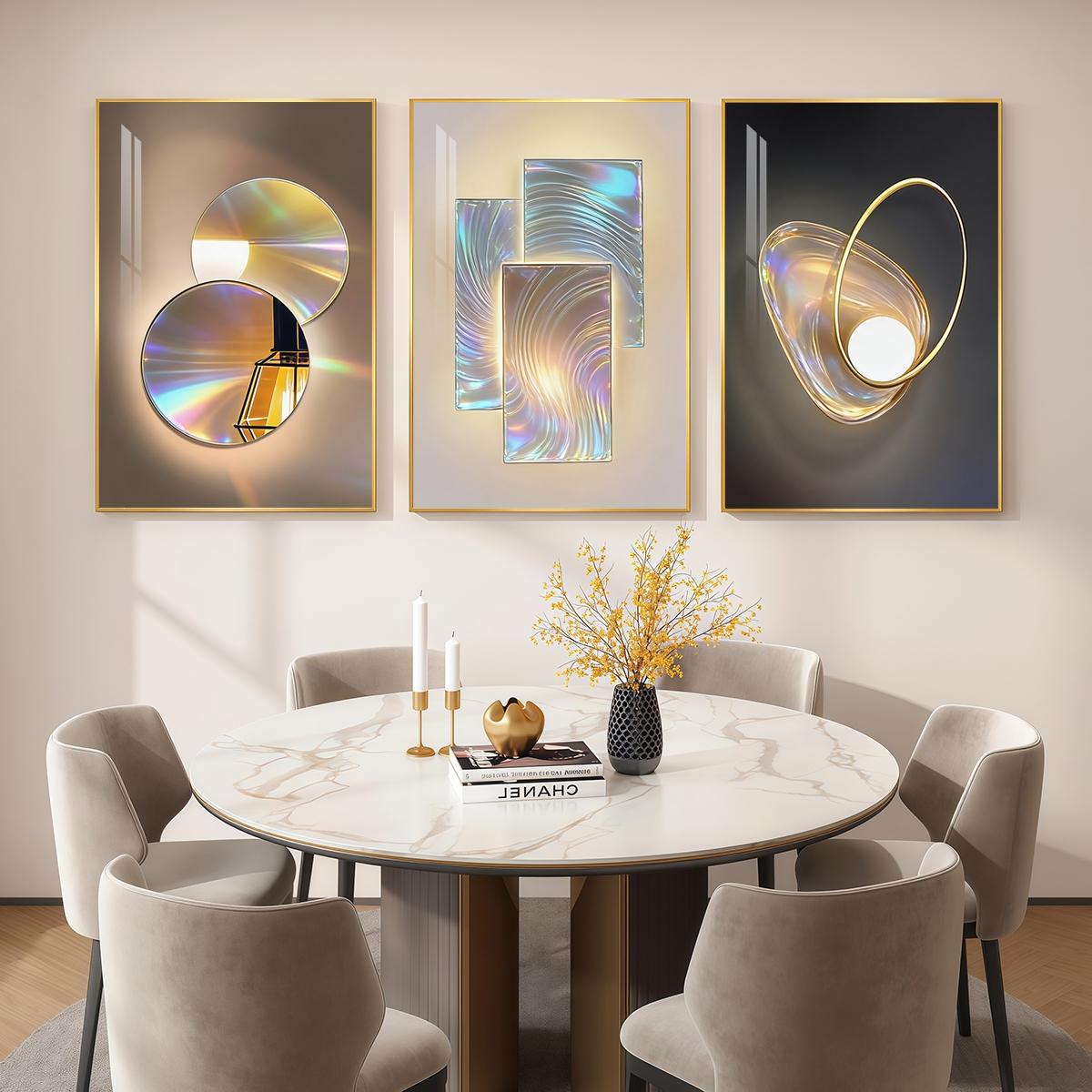 3 Counts Aluminum Alloy Framed Painting, Gradient Iridescent Abstract Light Art Pictures, Home Decoration For Living Room, Bedroom, Office, Restaurant, Hallway Wall Decor, Odorless Print Artwork, Luxury Perfect Gift For Friends And Family