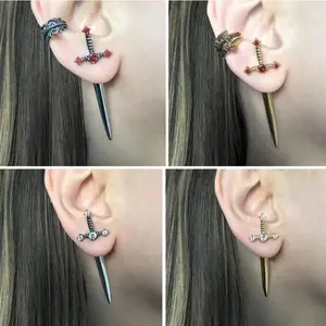 Gothic Sword Kinitial Ladies Stud Earrings Retro Crystal Diamond Dagger Earrings