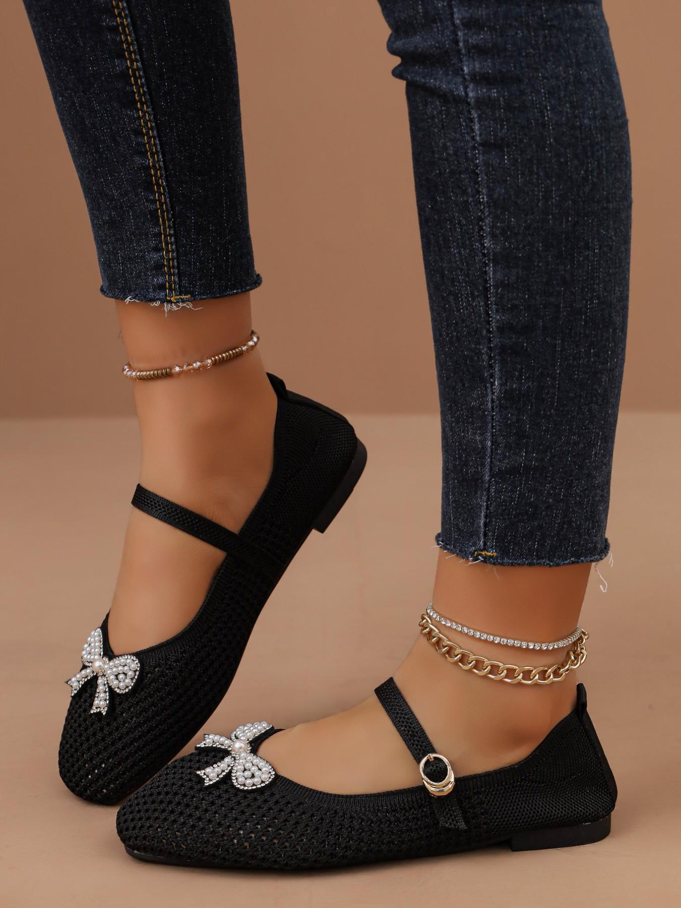 Women's Elegant Pearl Rhinestone Bow Mary Jane Flat Shoes, Breathable Mesh Square Toe Buckle Sandals, Casual Office Fashion Footwear