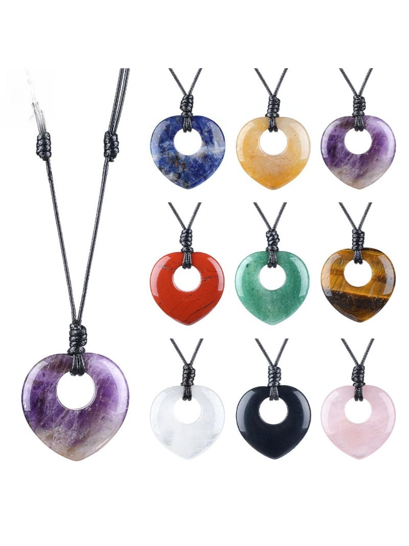 Random 7pcs Natural Stone Heart Necklace Set, Vintage Handmade Adjustable, Natural Crystal Original Stone Heart Pendant