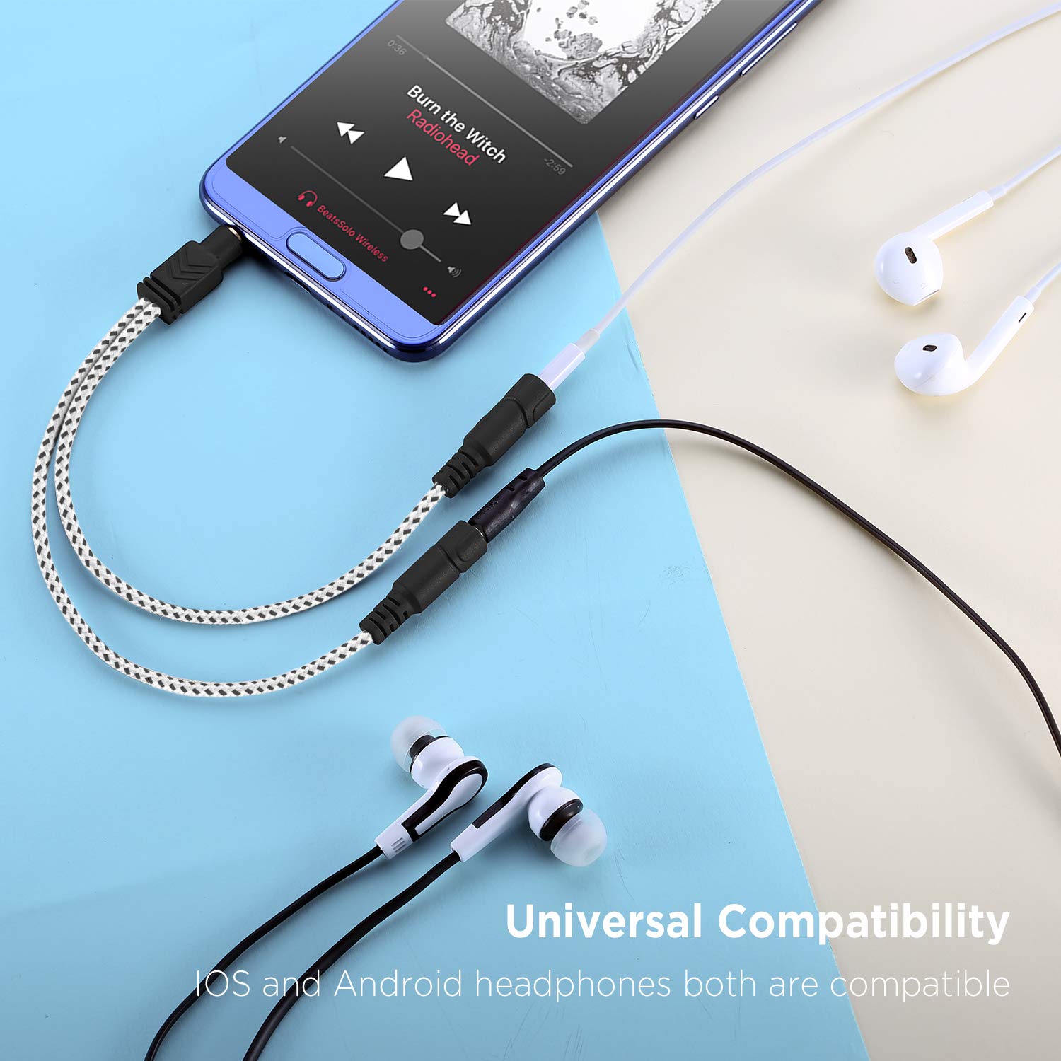 Headphone Splitter, Knitted 3.5mm Audio Splitter TRS 3-Pole Aux Splitter  for Headphones Earphones Speakers - White