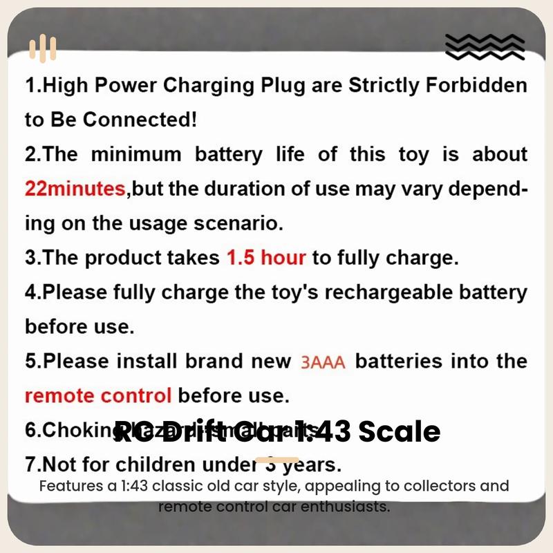 Classic Old Car Style RC Drift Car, RC Model Car, 1:43 Scale, 2.4g Wireless Remote Control, LED Lights, Type-C Charging, 30-Minute Battery Life