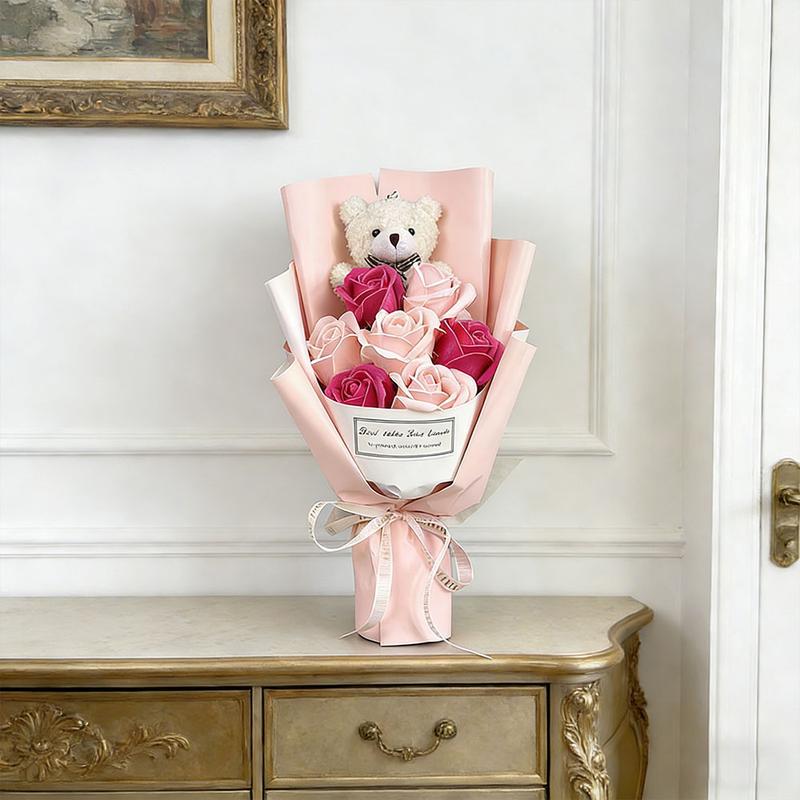 Boutique Rose Gift Box, 1 Set Artificial Rose Soap Flower Bear Cartoon Doll Bouquet Gift Box, Romantic Eternal Rose Bouquet, Deluxe Gift Box Set, Simulated Rose Desktop Bedroom, Unique Creative Gift for Birthday，christmas Gifts, Christmas Bouquets