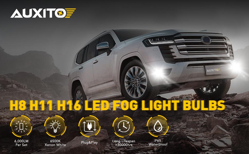 AUXITO H11/H8/H16 LED Fog Light Bulbs or DRL, 6000 Lumens 6500K Cool White Light, 300% Brightness, CSP LED Chips Fog Lamps Replacement for Cars, Play and Plug (Pack of 2)
