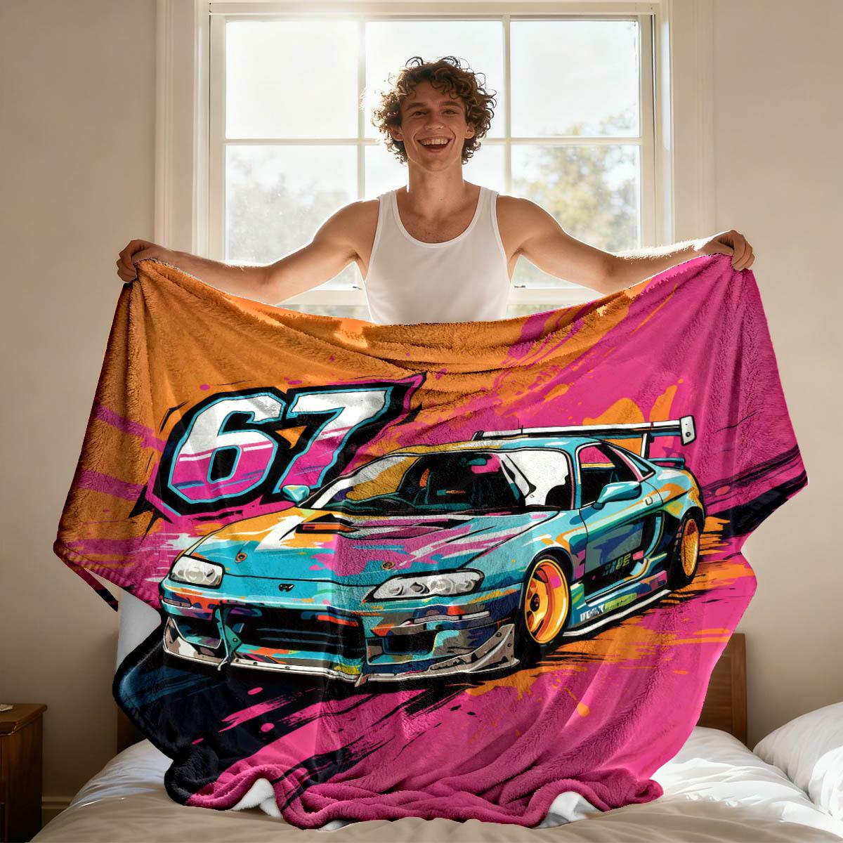 Cool Car and Number 67 Print Blanket, Soft Flannel, Breathable and Warm, Easy to Care, Home Nap Cover, Gift, Bedroom Decor, Pet Blanket