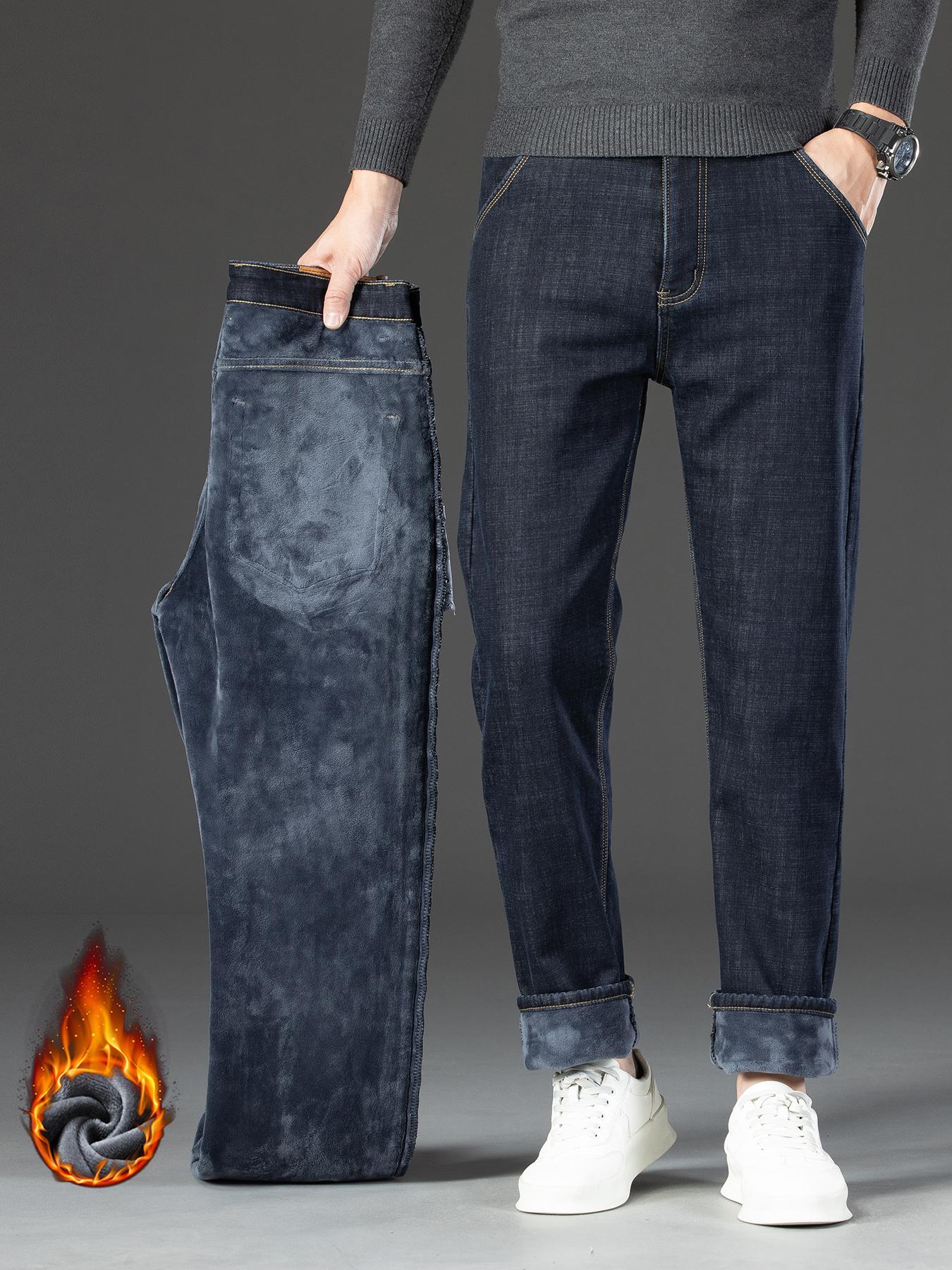 Men's Fleece Lined Denim Jeans, Loose Straight Leg Long Pants, Warm Fashionable Winter Washed Jeans, Casual All-Season Wear