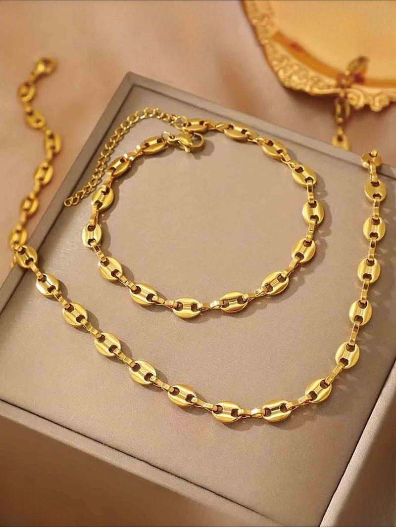Women's Stainless Steel Chain Necklace & Bracelet Set, Fashionable Elegant Daily Wear Jewelry, Versatile Party Accessory