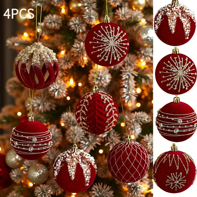 4 pieces of Christmas balls, 3.15-inch wine-red plush Christmas balls, hanging balls, shiny plastic balls, Christmas tree decorations