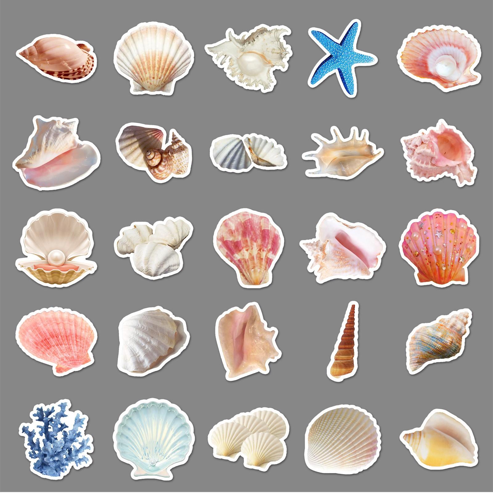 50pcs Cute Seashell Stickers, Waterproof Vinyl Decals, Cartoon Starfish Conch Pearl Stickers, DIY Scrapbook Journal Stickers Pack
