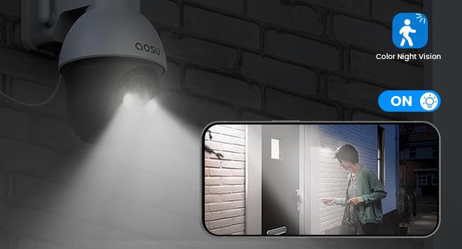 AOSU Solar Security Camera Wireless Outdoor with Panoramic PTZ, Human Auto Tracking, 2K Night Vision, Light and Sound Alarm, 2-Way Audio, Compatible with Alexa/Google Assistant for Home Surveillance