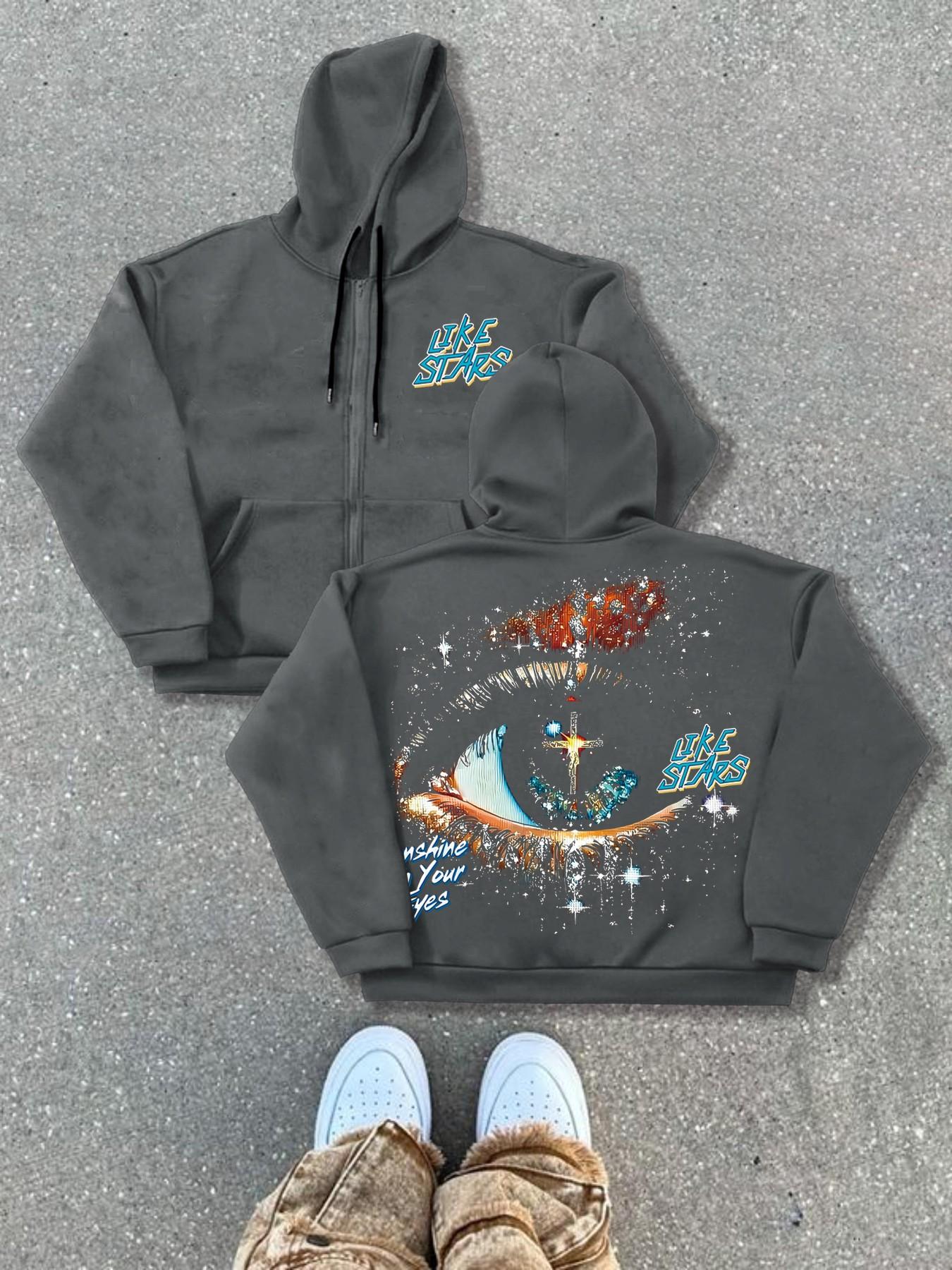 Autumn Winter Hooded Cardigan Sweatshirts Trendy Graphic Eye Letter Print Streetwear Street Style Fitted Knitwear, Thick Fabric, Perfect for Fall & Winter Seasons