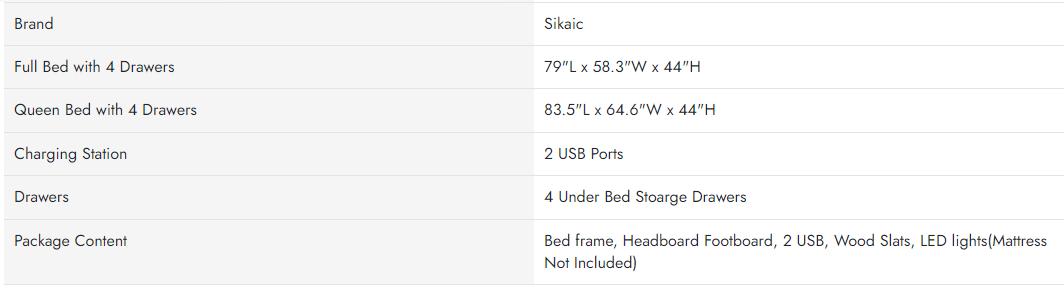 Sikaic 4 Storage Drawers LED Bed Frame With Leather Platform Adjustable Headboard Storage Drawers And Charging Station Black Bedroom Set Unique