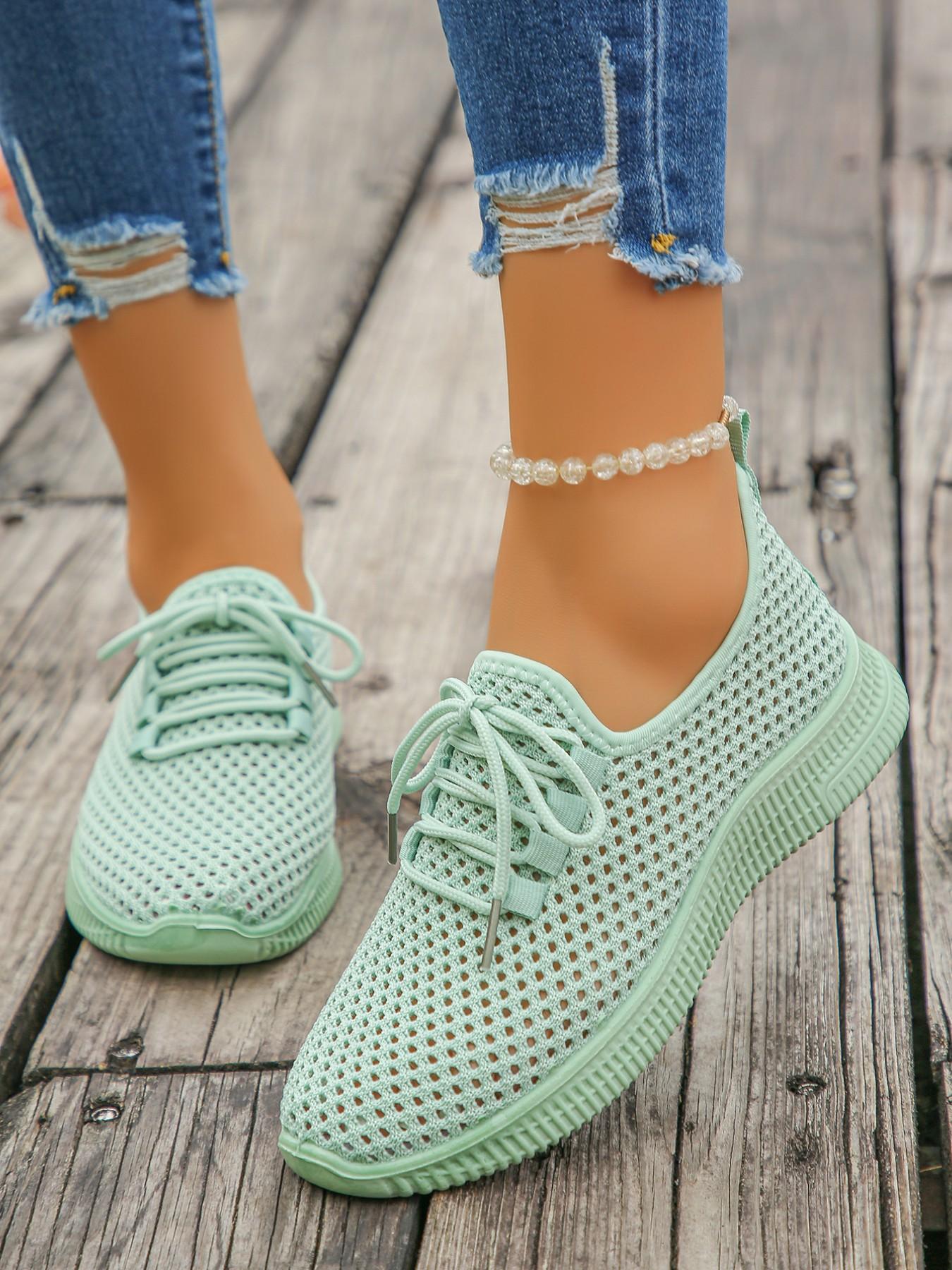 Women's Breathable Mesh Sneakers, Casual Sport Shoes with Lacing Design, Thick Sole Shock Absorption, Ideal for Spring Summer Daily Use