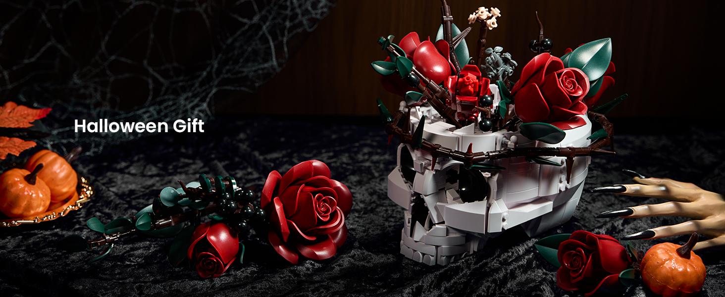 Supreowls Skull Roses Flower Bouquet Building Set, Botanical Collection Kit for Adult Women, Gift for Valentines Day for Her/Girlfriend/Mom/Wife/Couple, Goth Horror Skeleton Pot Home Table Decor Aesthetic