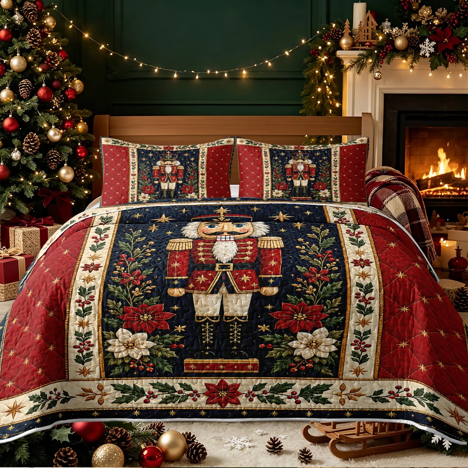 3pcs Christmas Quilt Set Nutcracker Vintage Holiday Print Bedding Set Comes With 2 Pillowcases Machine Washable Lightweight Soft All Season Use No Comforter Included Ideal Christmas Gift For Kids And Fairy Tale Lovers