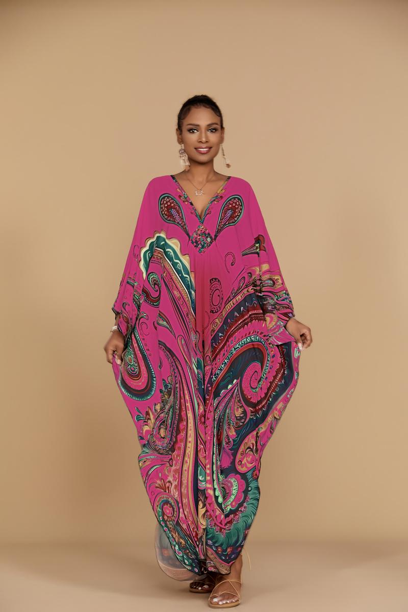 Bsubseach Women's Ethnic Print Kaftan Dress Plus Size All Over Print Sleeve Tunic Dress Boho Casual V Neck 3/4 Sleeve Tunic Dress for Women Mrs Roper Kaftan Bubu Mumu Casual Womenswear Summer Bohemian