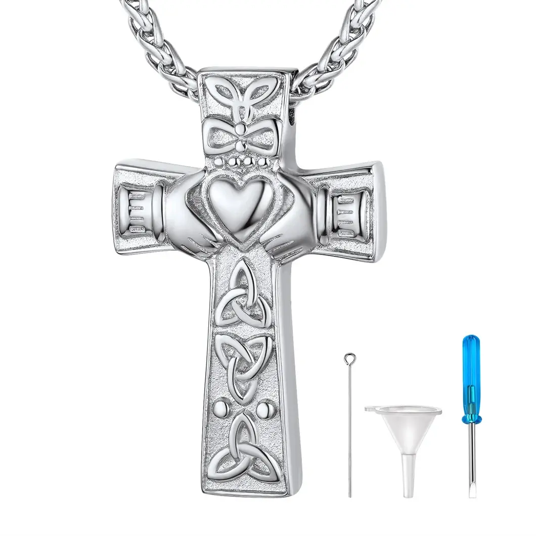Cremation Urn Necklace for Ashes, Celtic Knot Claddagh Cross Memorial Pendant, Stainless Steel Keepsake Jewelry