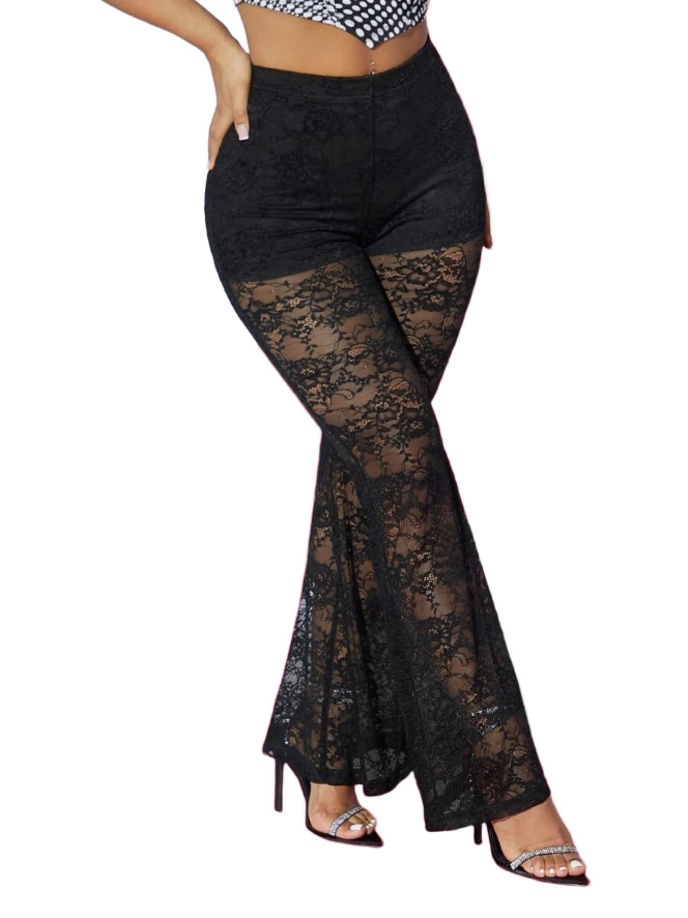 Women's Solid Lace Flare Leg Pants, Sexy Comfy  Bell Bottom Trousers for Daily Wear, Ladies Bottoms for Summer