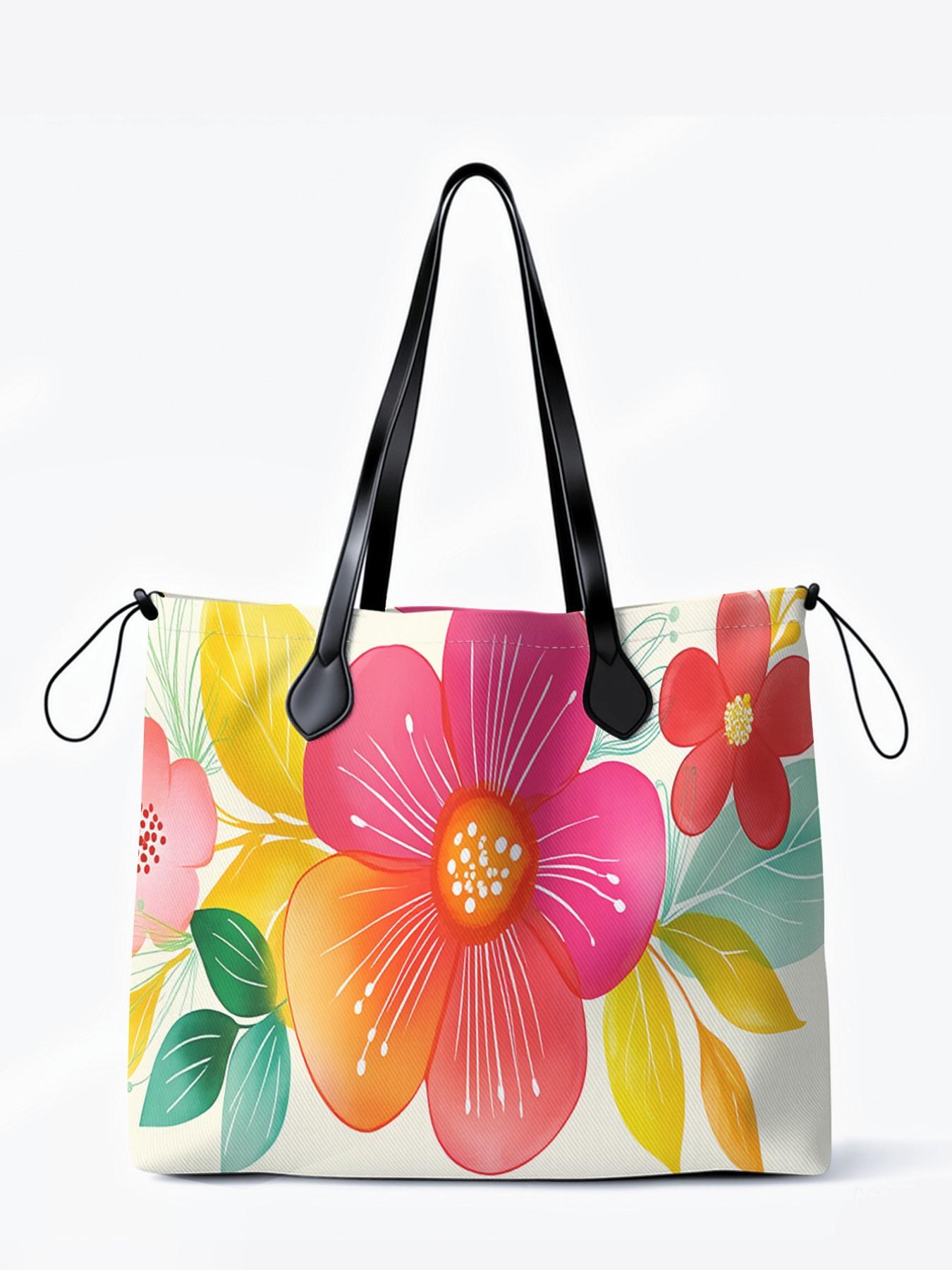 Floral Pattern Drawstring Tote Bag, Large Capacity Shopping Bag, Durable All Season Use, Perfect for Work, Shopping, Picnic