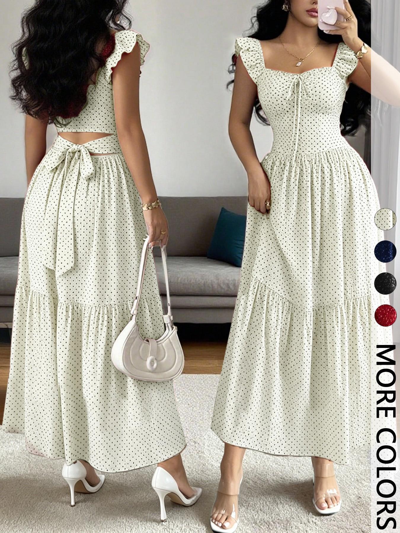 1 Piece Spring & Summer Ruffled Square Neck Polka Dot Maxi Dress , Back Tie Design Retro Sweet Style for Date Nights, Vacation and Beach Party Dress,Waist-Cinching Slimming Romantic Girl Style for Parties and Daily Outings, Casual Wear