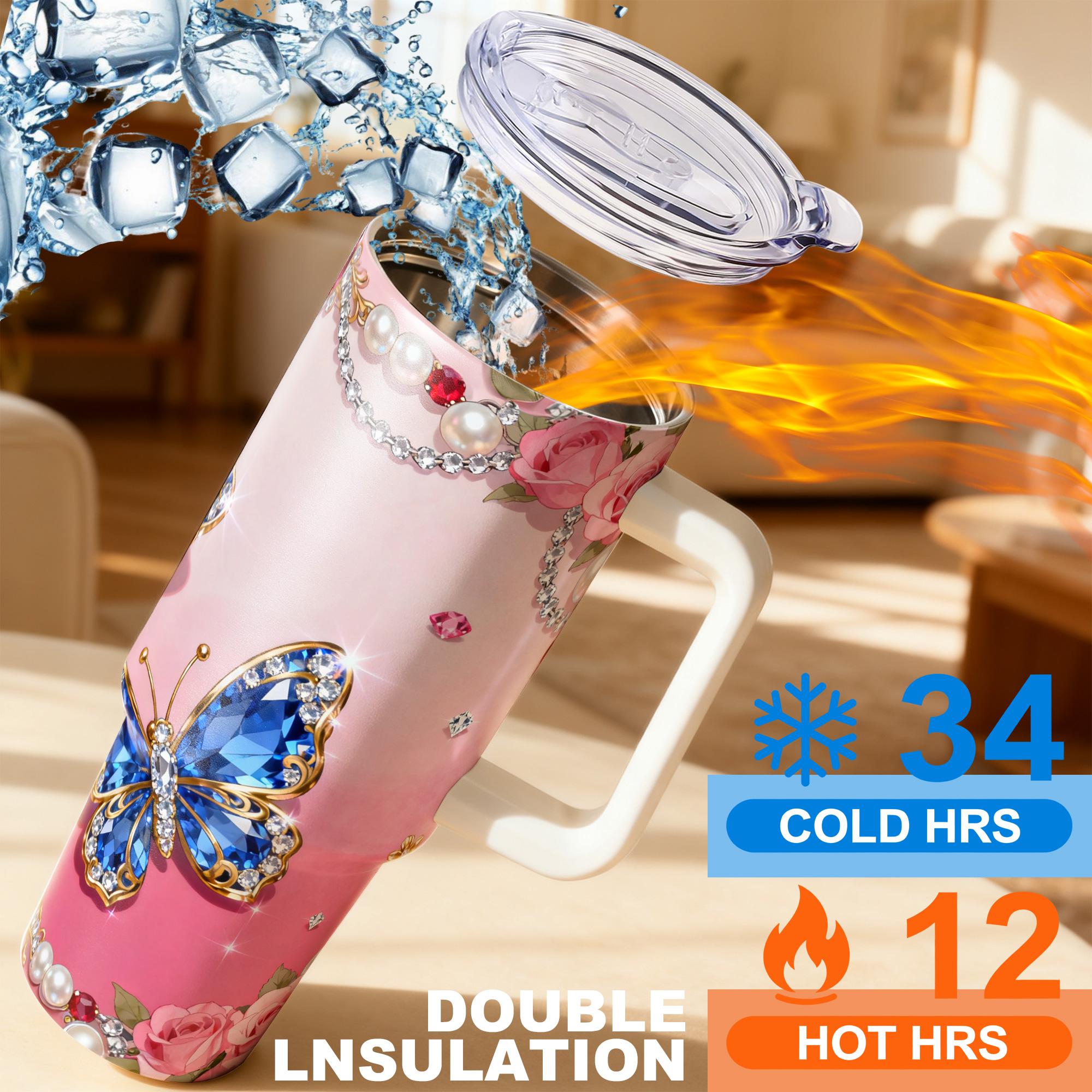 1pc, 40oz/30oz/20oz/14oz Stainless Steel Cup Insulated Water Cup Blue Gem Butterfly & Rose Adorned Double Wall Vacuum Insulated Cup, Leakproof Lid & Carry Handle Travel Mug Insulated Tumbler for Outdoor Camping Hiking, Gift for Dad