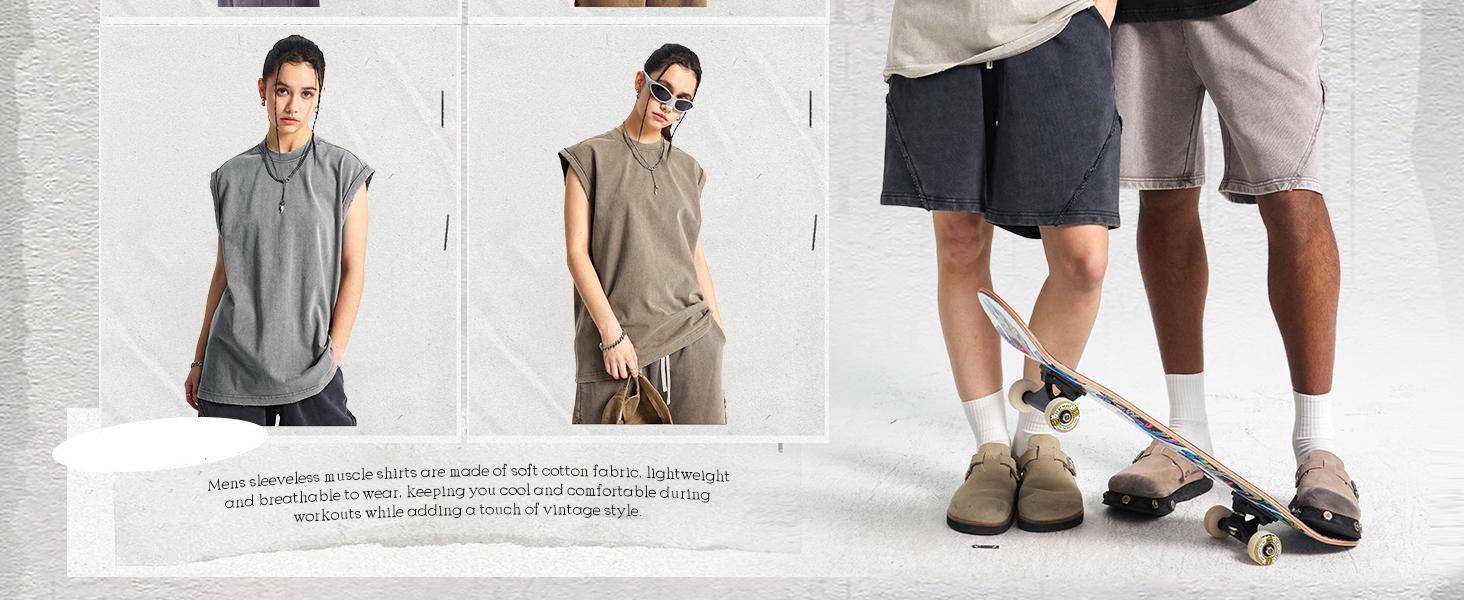 Gihuo Unisex Cotton Workout Tank Tops Sleeveless Acid Wash Tshirts Cut Off Muscle Shirts Loose Fit Running Gym Tees Unisex Vest T-shirt for Men & Women