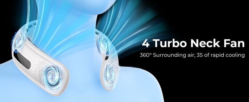 FrSara Neck Fan, 4 Turbo Bladeless Neck Fan, 4000 mAh Battery Operated USB Rechargeable Personal Fan, 360° Cooling Hands Free Fan, 3 Speeds, LED Display, Wearable Fan for Office Travel Gifts