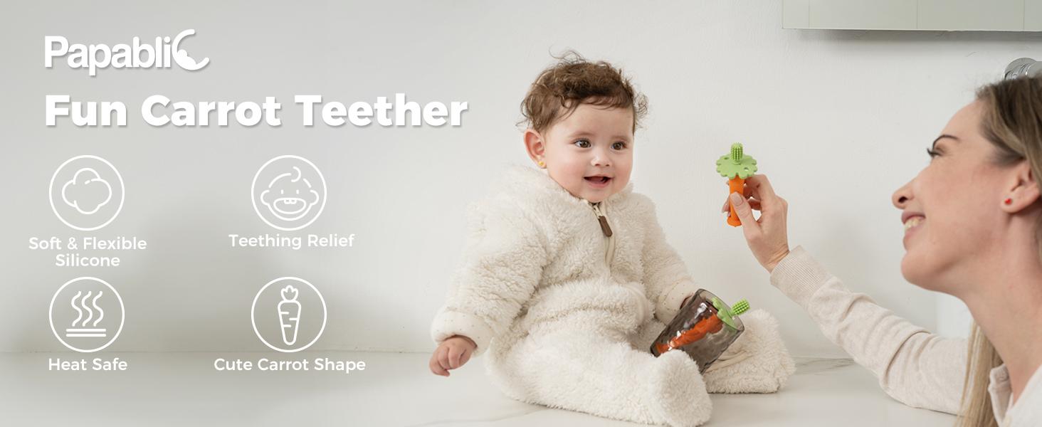 Papablic Baby Carrot Teether Toothbrush 6-12 Months, 360° Silicone Teether Toy with Suction Base, Newborn Sensory Teething, Reduce Drool & Teething Pain, FDA-Compliant & Dentist Approved, Toddler Christmas Gifts