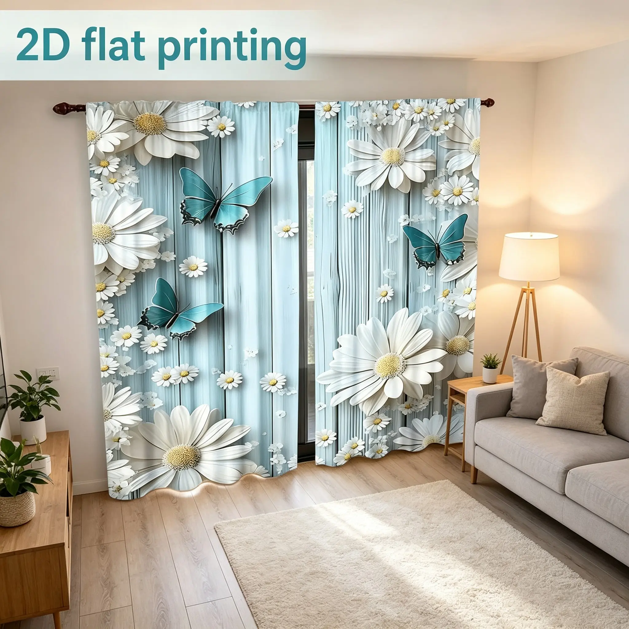 2-piece set of blue flower small fresh Zou chrysanthemum Window Curtain curtains, durable semi transparent polyester material curtains that can be washed, suitable for bedroom/living room/study, ideal curtains for home decoration