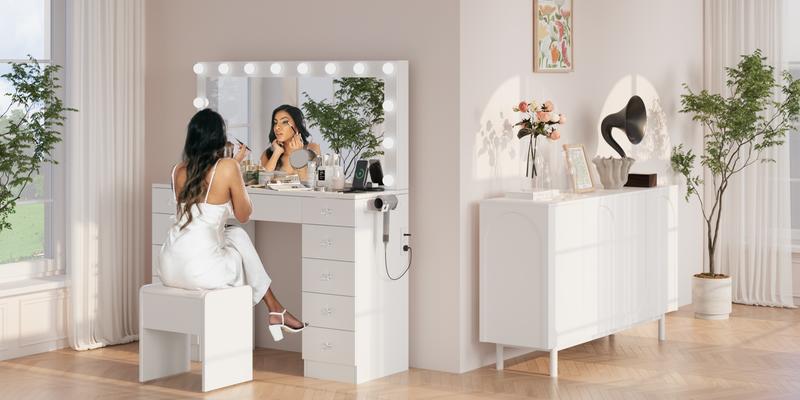 【Valentine’s Day Gift】VOWNER Vanity with 10x Magnifying Mirror, With GlassTop & Power Outlet, 3 Color Light Options, 46" Vanity Table with 11 Drawers&Stool, Bedroom, White