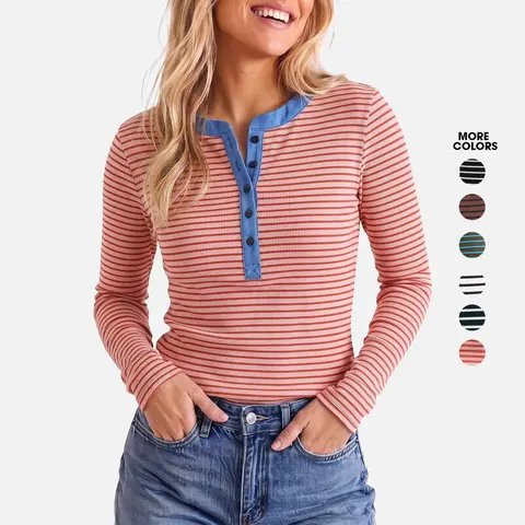 Flowyair Women's Slim-Fitted Striped Long-Sleeve Knit Henley Tee - Contrasting Chambray Collar, Patchwork, Half Buttons, Ribbed Knit, Polyester Blend, Casual Fall Trendy Top, Henleys