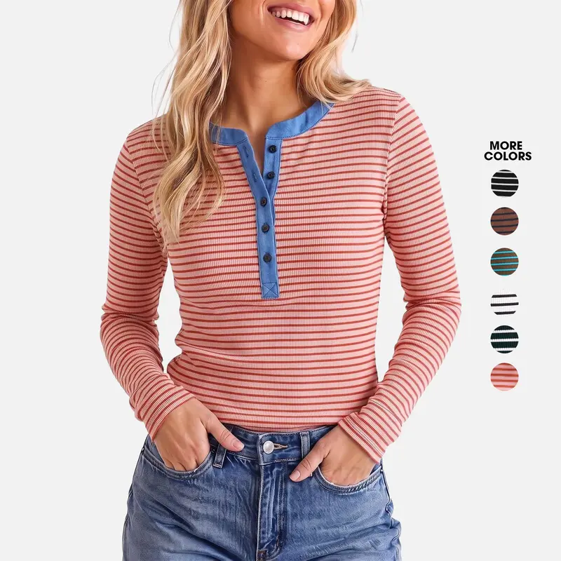 Flowyair Women's Slim-Fitted Striped Long-Sleeve Knit Henley Tee - Contrasting Chambray Collar, Patchwork, Half Buttons, Ribbed Knit, Polyester Blend, Casual Fall Trendy Top, Henleys