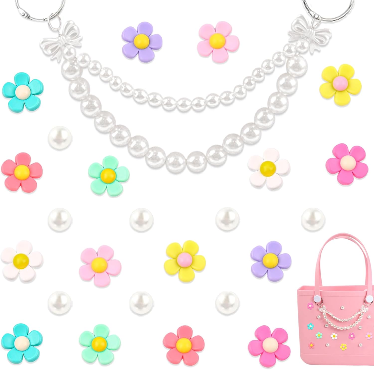 h-33  Charms for Bogg Bag, Pearls and Flowers for Bogg Bag Accessories Compatible with Simply Southern Beach Bag Tote, Insert for Rubber Beach Tote Accessories (25 Pcs)
