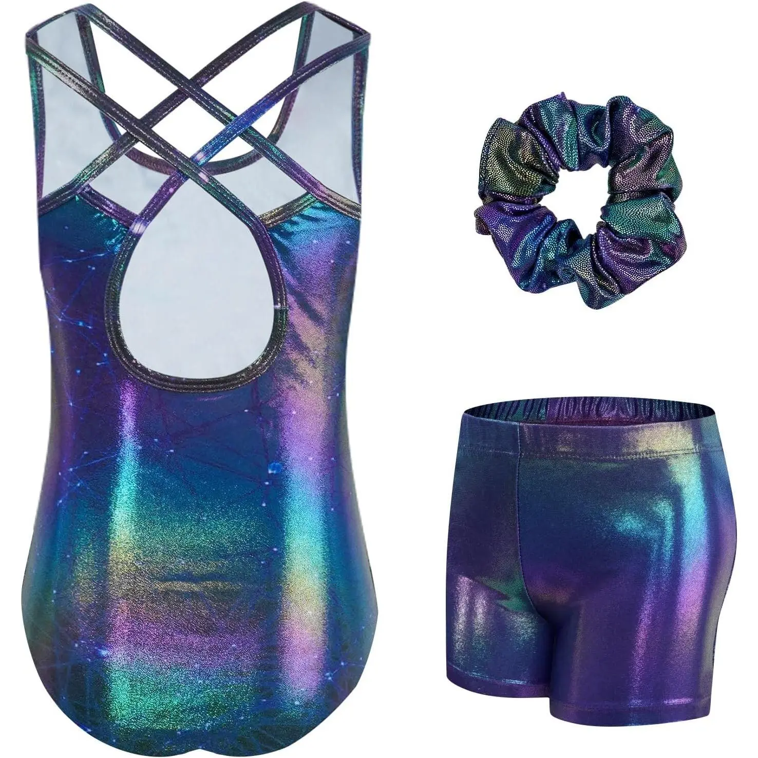 Gymnastics Leotards for Girls with Cross Back Sparkly Dance Unitards with Shorts Biketards Outfit for 3-12 Years