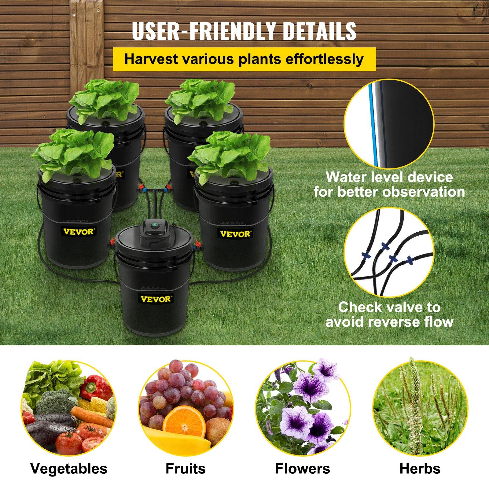DWC Hydroponic System, 5 Gallon 5 Buckets, Deep Water Culture Growing Bucket, Hydroponics Grow Kit with Pump, Air Stone and Connected Reservoir, for Indoor/Outdoor Leafy Vegetables