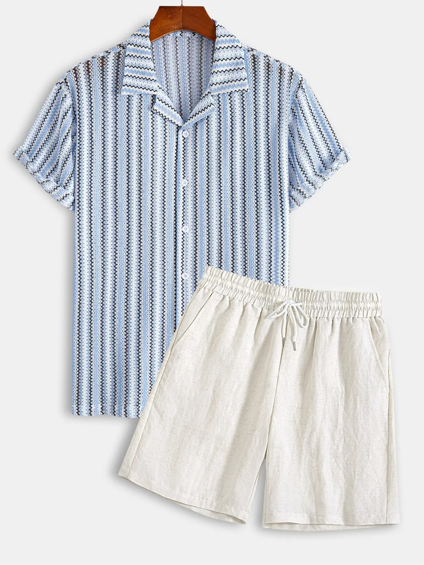 Men's Stretch Knit Jacquard Short Sleeve Shirt & Linen Blend Shorts Set, 2 Piece Breathable Casual Summer for Beach Daily Vacation