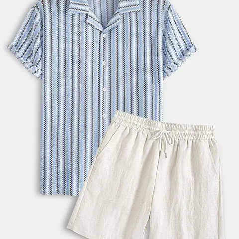 Men's Stretch Knit Jacquard Striped Short Sleeve Shirt & Linen Blend Shorts Set, 2 Piece Breathable Casual Summer for Beach Daily Vacation