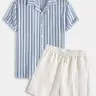 Men's Stretch Knit Jacquard Striped Short Sleeve Shirt & Linen Blend Shorts Set, 2 Piece Breathable Casual Summer for Beach Daily Vacation