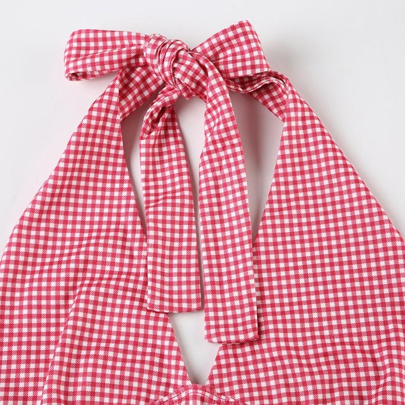 Summer Y2K Plaid Halter Deep V Backless Sleeveless Vest, Vintage Sweet Spicy Chic Fashion Style Tie Back Small Tank Top for Women