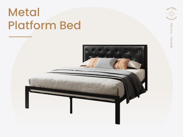 SHA CERLIN Metal Upholstered Platform Bed Frame with Headboard of Button Tufted Linen Fabric /Faux Leather,【Frame Only No Mattress】Twin/Full/Queen/King Size, Iron Slats Support, No Box Spring Needed#ChristmasGifts#TikTokShopBlackFriday