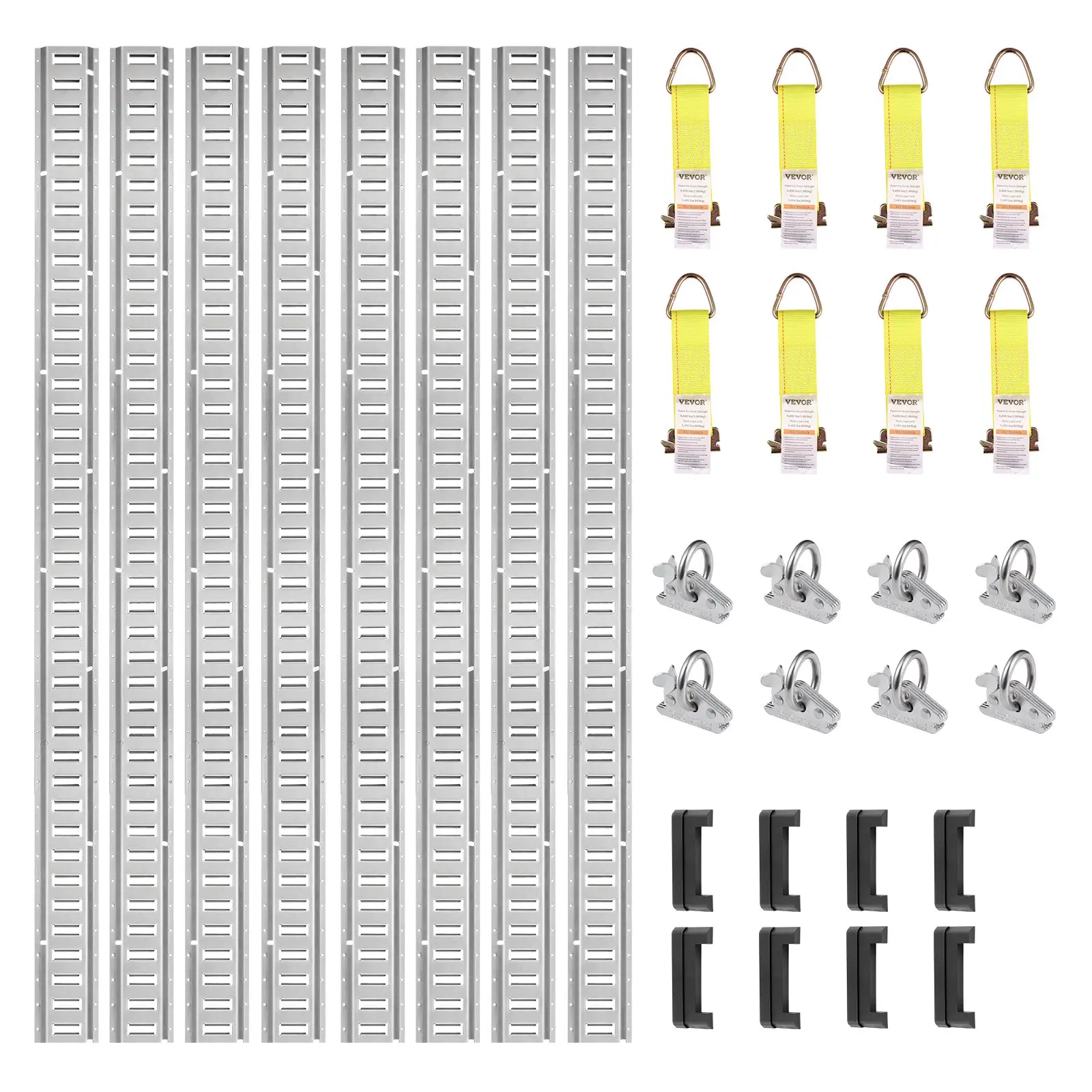 VEVOR E Track Tie-Down Rail Kit, 24PCS 5' E-Tracks Set Includes 8 Steel Rails 8 O-Ring Anchors 8 Tie-Offs with D-Ring, Versatile Securing Accessories for Cargo Motorcycles Bikes, 2000 lbs Load