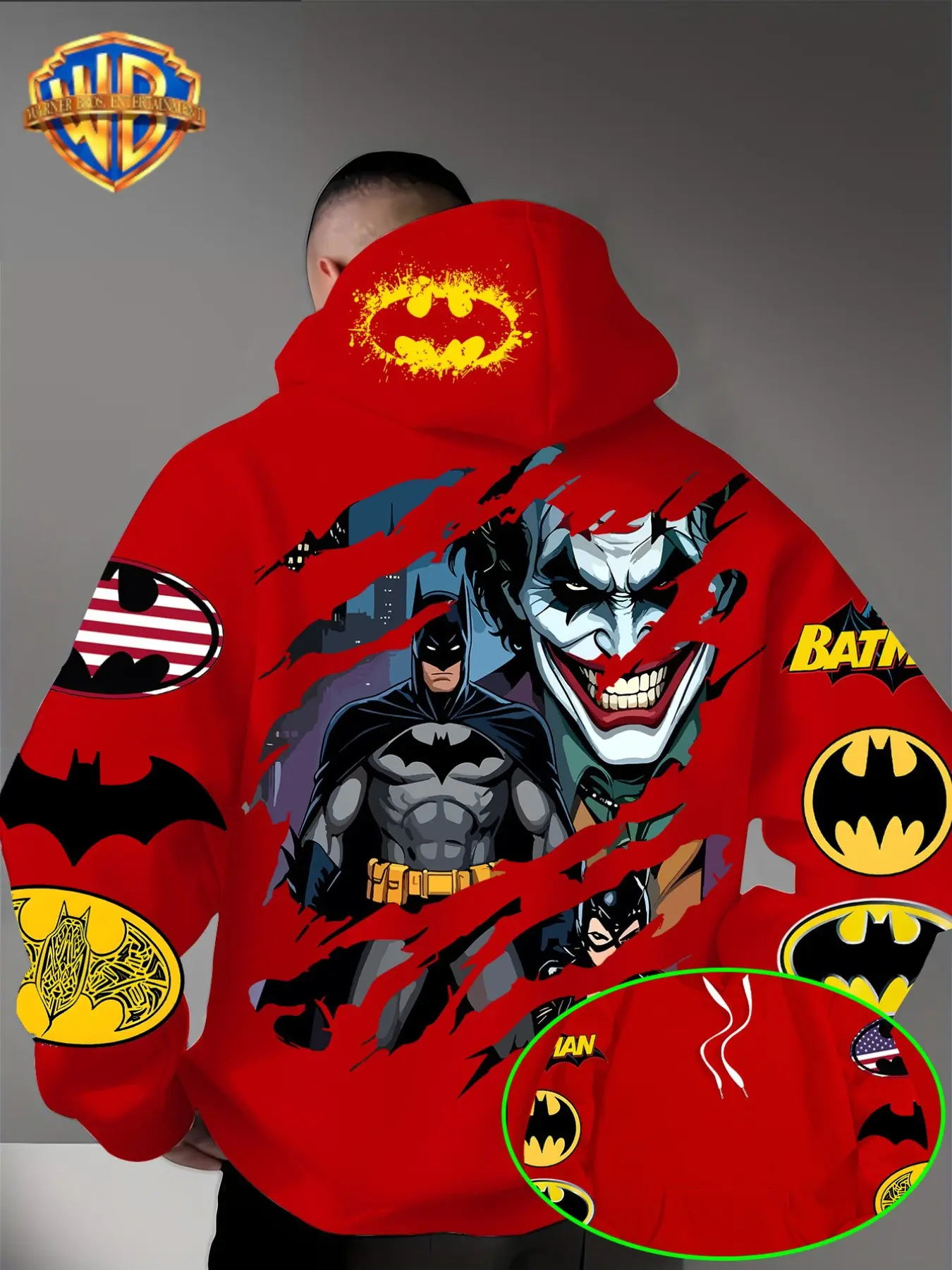 Wb Warner Bros. Batman & Joker Ripped Effect Graphic Pink Hoodie, Unisex Back Print Pullover, Casual Streetwear Sweatshirt