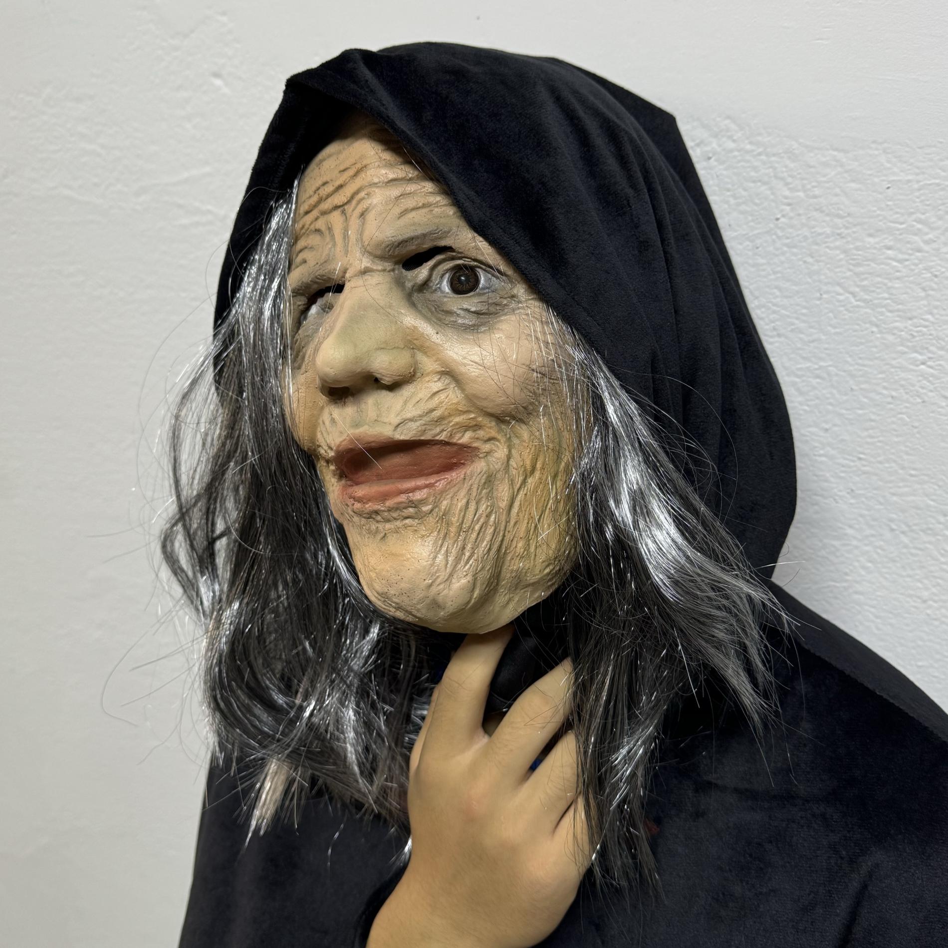 Scary Old Witch Latex Mask – Creepy Grandma Costume With Black Eyes And Grey Hair For Halloween Horror Cosplay Party Adults Masquerade Prop