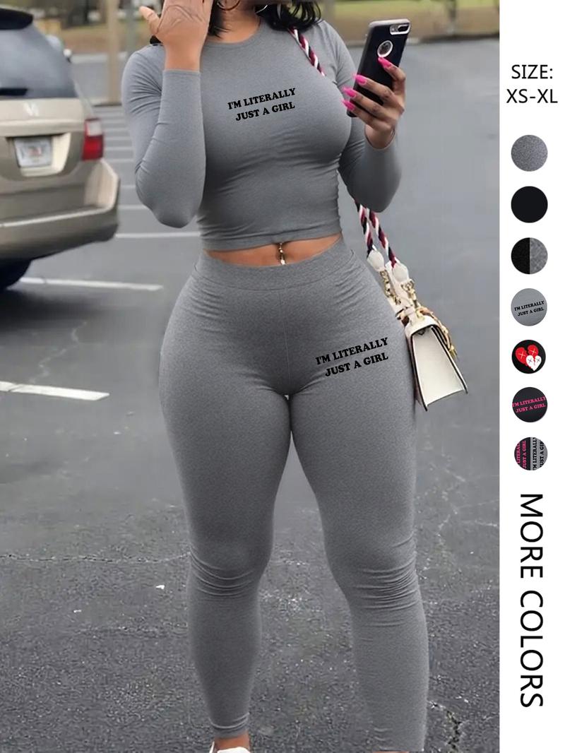 Women's Casual Fitted Crop Top Set, Long Sleeve Plain Sporty Athletic Style Activewear, pantsuit，long johns，Two-Piece Long Pants Suit for Spring & Fall Seasons