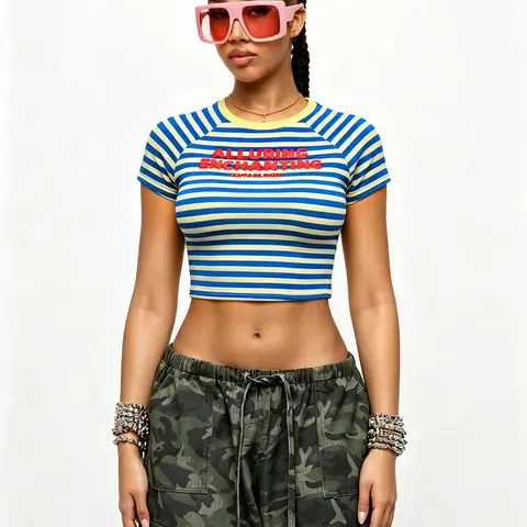 Retro Striped "Alluring Enchanting" Print Crop Top Slim Fit Raglan Sleeve T-Shirt Casual Everyday Tee Cropped Perfect For Streetwear, Y2K Style And Casual Daily Outings