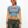 Retro Striped "Alluring Enchanting" Print Crop Top Slim Fit Raglan Sleeve T-Shirt Casual Everyday Tee Cropped Perfect For Streetwear, Y2K Style And Casual Daily Outings