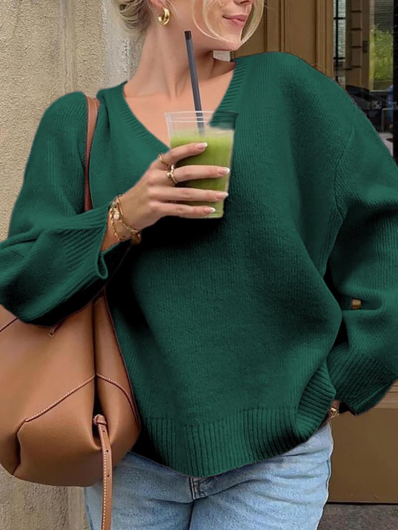 Pure Color Casual V-Neck Long Sleeve Loose Knit Sweater, Fitted Style for Fall, Comfortable and Stylish Women's Pullover